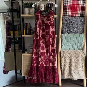Lulu's Alluring Dream Burgundy Floral Mesh Lace Trumpet Midi Dress